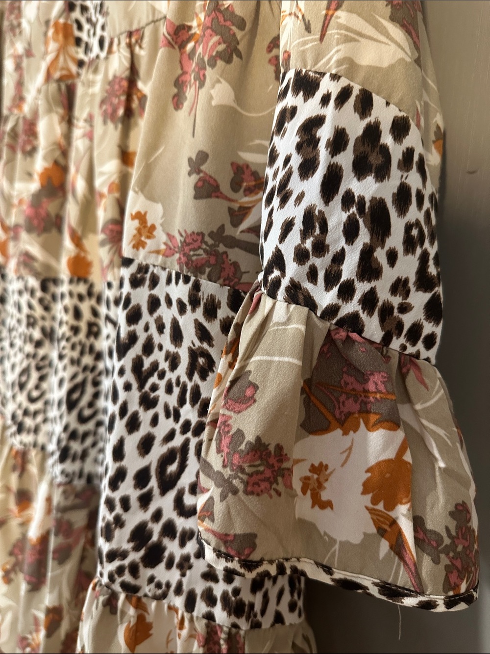Entro Mixed Print Dress XL Floral & Leopard Ruffle Sleeve Boho Tiered - Picture 9 of 12